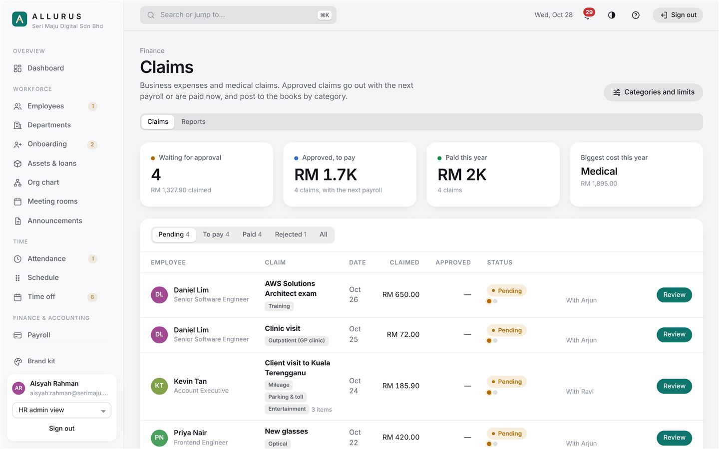 Claims screen with receipts and approval status