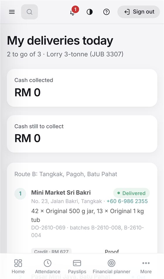 Driver app showing today's deliveries